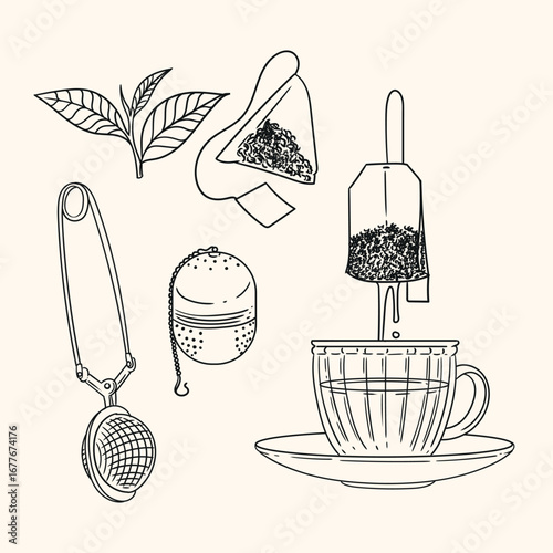 et of original illustrations of a teacup, infuser. Vintage ink line drawing for cards, menus, cafes, baristas, tea houses, or graphic design. In vector.