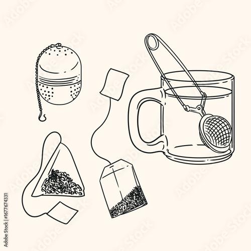 et of original illustrations of a teacup, infuser. Vintage ink line drawing for cards, menus, cafes, baristas, tea houses, or graphic design. In vector.