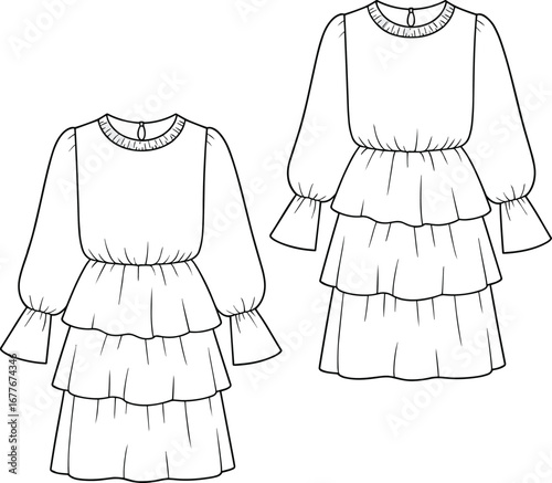 Tiered ruffle dress CAD drawing, women long sleeve fashion flat sketch, flared cuff detail vector, modern layered outfit design
