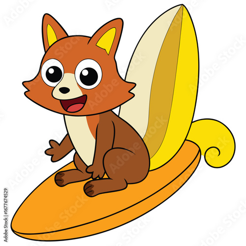 Cute cartoon squirrel sitting on a surfboard with a large tail animal
