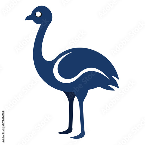 Dark blue stylized illustration of an ostrich with white curved markings on a white background bird animal