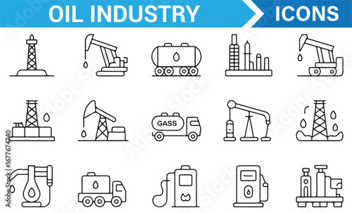 Crude oil, refinery plant, and gas station vector icons for petroleum industry projects