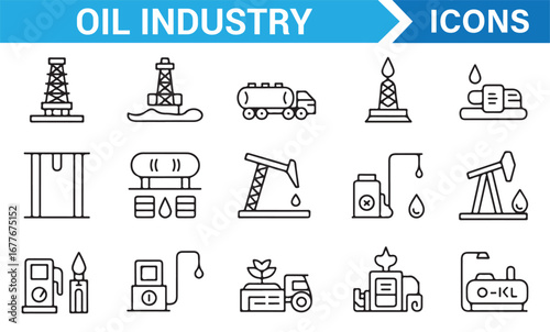 Oil refinery and energy production outline icons for fuel, power, and industrial themes