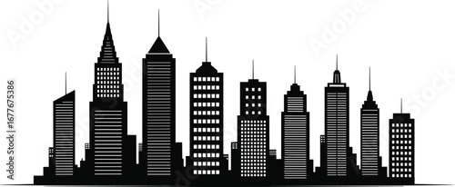 Black and white city skyline silhouette vector, urban skyscrapers and high-rise buildings illustration, modern cityscape background with architectural design elements