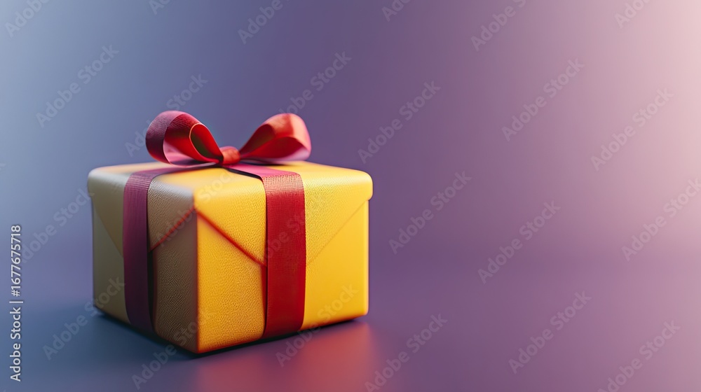 Fototapeta premium Golden Gift Box with Red Ribbon on Gradient Background, Soft Lighting