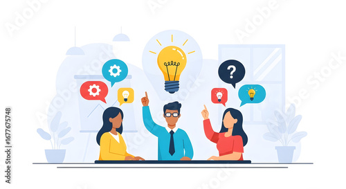 Brainstorm Brilliance: A collaborative business meeting takes place, ideas illuminate the scene through vibrant illustrations of lightbulbs, gear, speech bubbles