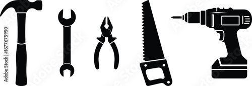 Black silhouette vector set of hand tools including hammer, wrench, pliers, saw, and electric drill, isolated on white background, DIY repair icons
