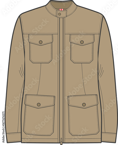 Utility jacket with four flap pockets, zip front and stand collar cad drawing flat vector illustration for fashion technical design