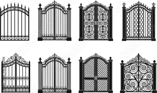 Elegant wrought iron gate silhouettes with classic scrollwork, decorative pillars, intricate lattice patterns, vintage estate gates, ornamental metal fences, and wrought iron security gates.