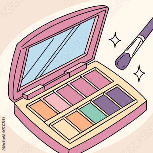 Close up of a vibrant colorful eyeshadow palette with a professional makeup brush showcasing a spectrum of shades for creative eye looks and beauty applications