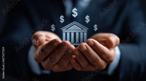 Investor holding a virtual bank building with floating dollar signs, symbolizing secure digital finance and wealth management.