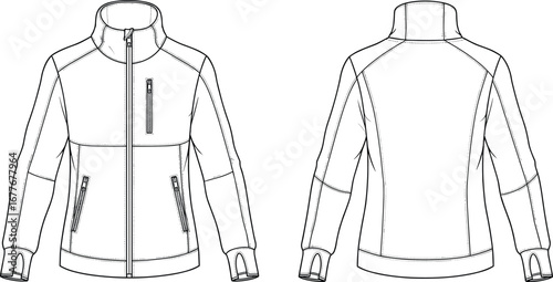 Men’s technical flat sketch of zip-up jacket with stand collar, front and back views, fashion design illustration for outerwear and apparel development