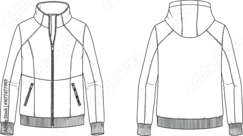 Men’s zip-up jacket technical flat sketch with hood, ribbed cuffs and hem, front and back views, fashion design illustration for outerwear apparel development