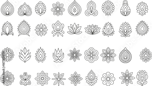Set of 40 hand-drawn floral and leaf vector icons, outline flower and decorative botanical elements, nature-inspired design collection for creative projects and branding