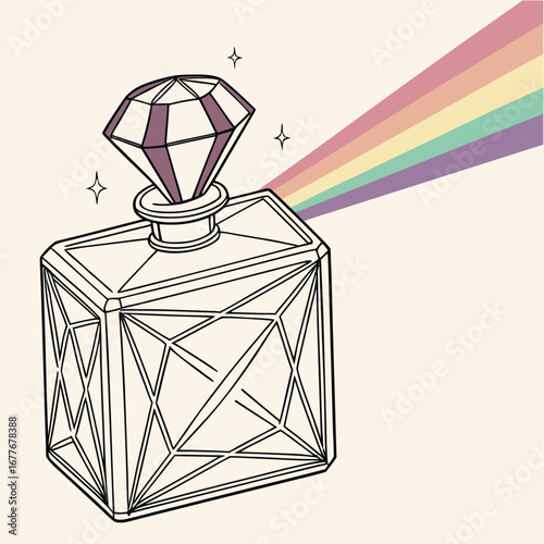 Elegant crystal perfume bottle design with prismatic light effects and vibrant color accents perfect for beauty and luxury branding