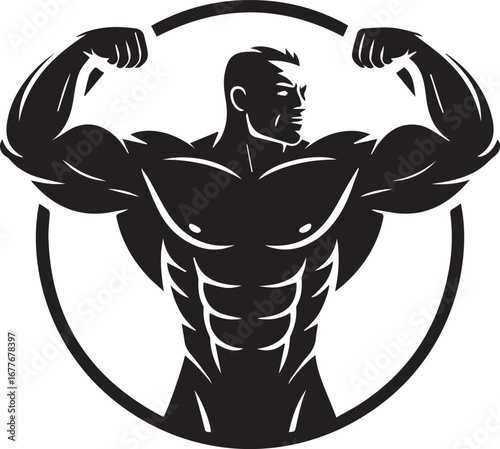 Strongman Silhouette A Powerful Bodybuilder Posing with Flexed Biceps Displayed Inside a Simple Circle in a Monochrome Illustration