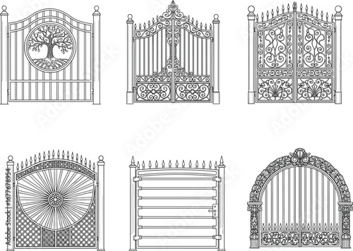 Set of six decorative wrought iron gates with intricate designs including tree motif, scrollwork, geometric patterns, and ornate archways on white background