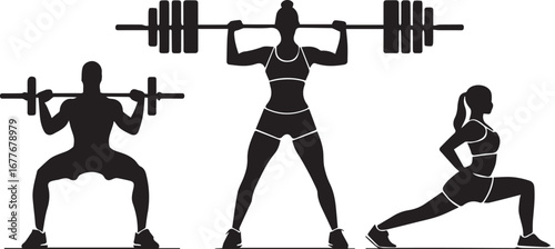 Silhouette of Strength Fitness Women Doing Squats and Lunge Exercises with Barbells in a Gym Workout Fitness Training