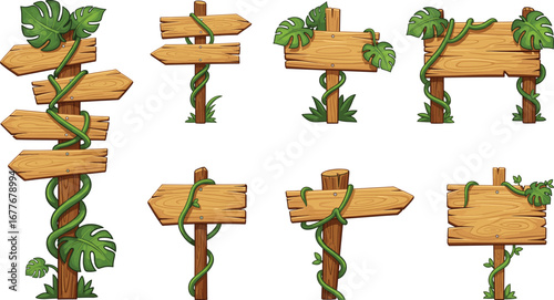 Set of wooden jungle signboards with vines and leaves, perfect for adventure maps, nature-themed games, forest signage, and tropical backgrounds.