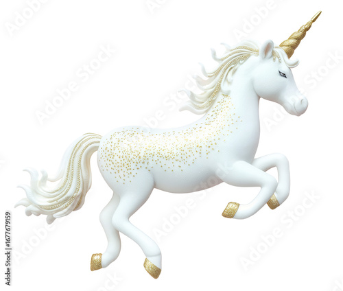 Running white unicorn isolated on transparent background, 3d illustration