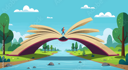 Open Book Bridge Illustration Connecting Knowledge and Literacy Awareness
