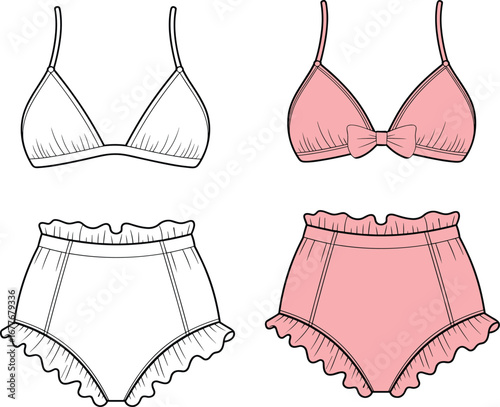 Vector Lingerie Set Illustration Featuring Pink Bra and Ruffle High Waist Panties, Front View Design, Fashion Flat Sketch, Editable Line Art