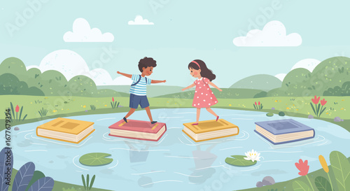 Children Walking on Books Illustration for Literacy Awareness Theme
