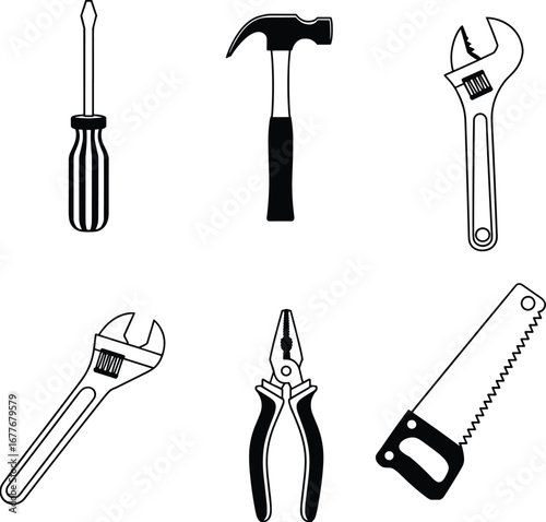 Vector Set of Hand Tools Including Screwdriver, Hammer, Adjustable Wrench, Pliers, and Saw, Black and White Line Art Illustration