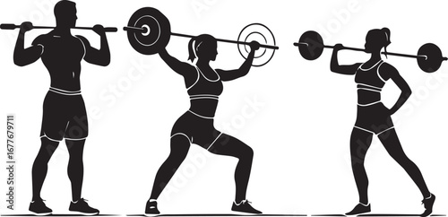Weightlifting Silhouettes Depicting Athletic Figures Engaged in Strength Training and Conditioning Exercises with Barbells Showing Focus and Determination