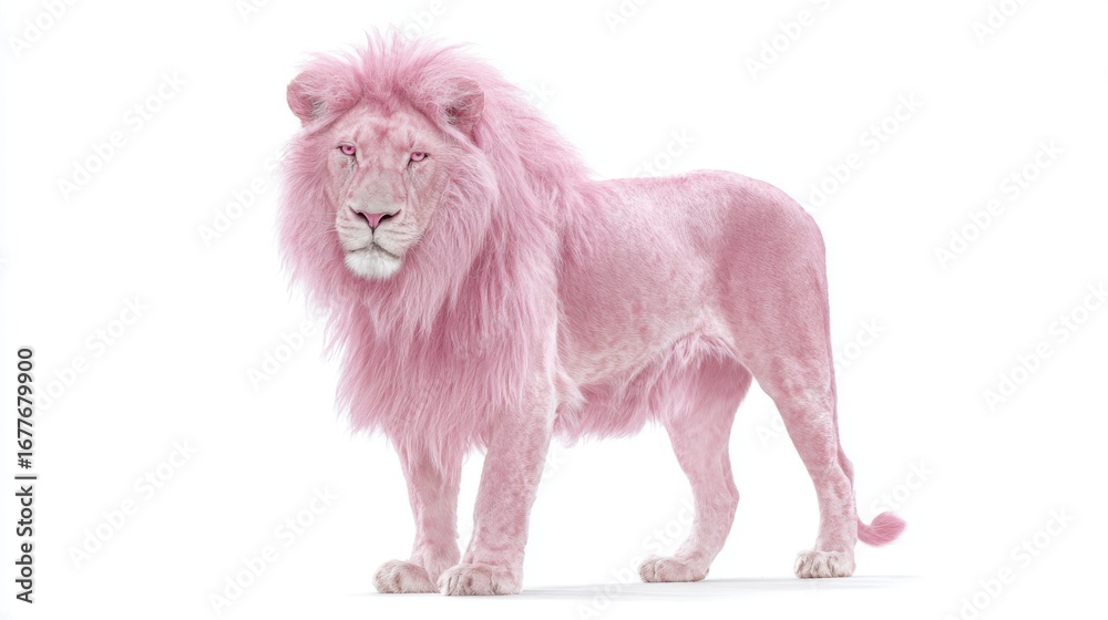 Obraz premium A rare pink lion poses with a majestic stance. Its vibrant fur contrasts sharply with a plain white background, highlighting its unique appearance and grandeur.