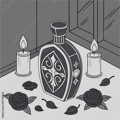 Elegant dark gothic perfume bottle design featuring black roses and a flickering candle perfect for branding or decorative elements