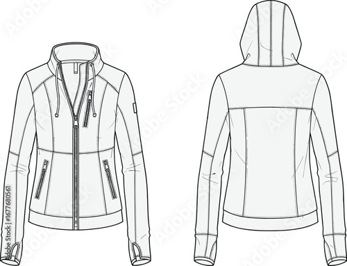 Women’s technical flat sketch of casual zip-up jacket with hood, front and back views, fashion design illustration for apparel development