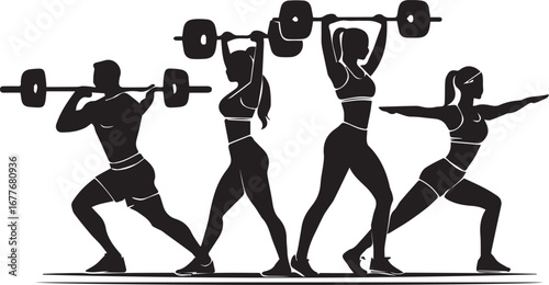 Dynamic Fitness Progression Four Silhouettes Showcasing Weightlifting and Stretching Demonstrating Strength Flexibility and Balance in a Health and Wellness Journey