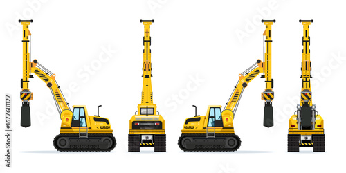 Hydraulic ground drilling rig yellow excavators construction vehicle model realistic highly detailed flat vector set illustration