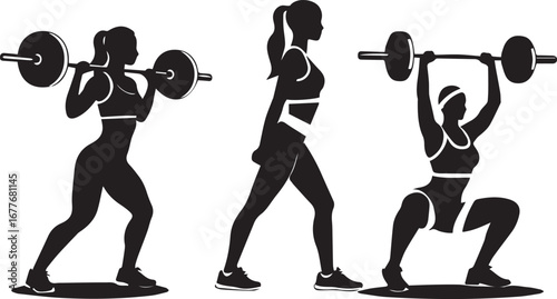 Silhouette Vector Illustration of Women Performing Weightlifting Exercises Strong Athletic Women Fitness Motivation Healthy Lifestyle Vector Art