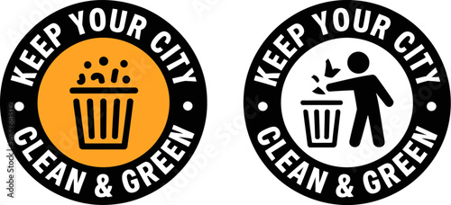 Two circular emblems promoting a clean and green city with recycling symbols