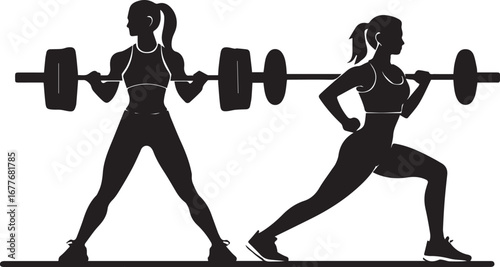 Silhouette of Two Women Weightlifting in Different Poses Depicts Strength, Fitness, and Determination in Exercise and Weight Training