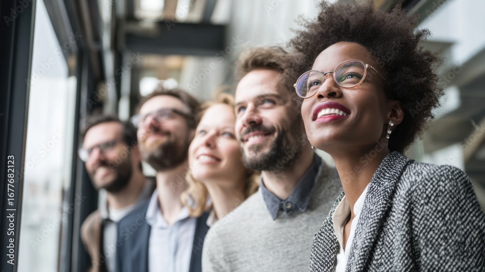 Obraz premium A group of five colleagues is gathered together in a modern office. They are smiling and looking out a large window, enjoying the view and possibly sharing thoughts on their work or surroundings.