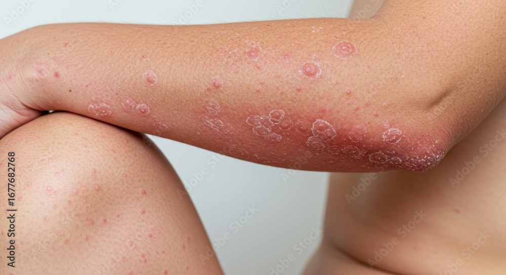 Fototapeta premium Acute Psoriasis on Elbows and Knees with Psoriatic Arthritis Showing Red, Inflamed, and Flaky Skin Rash in Medical Dermatology Context