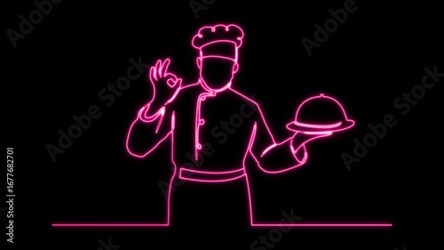 Chef Neon Line Art Animation on black background.