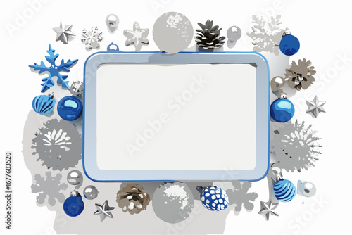 Blue and silver Christmas frame with snowflakes and baubles for a festive winter greeting card design