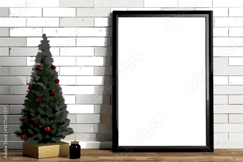 A green Christmas tree with decorations and a blank sign stands in front of a fireplace, perfect for a holiday greeting card