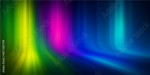 Vibrant abstract light rays and colorful lines form a dynamic and glowing blue wave pattern against a dark backdrop