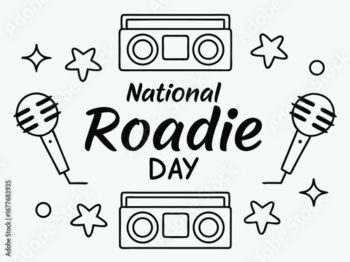 National Roadie Day outline illustration with boombox and microphones music concert