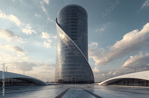 Futuristic Spiral Skyscraper with Glass Exterior and Modern Plaza