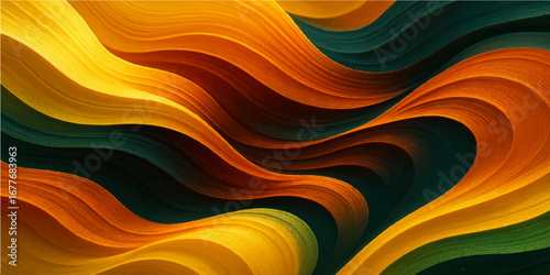 Flowing waves of orange and yellow abstractly swirl together in a soft, fiery design