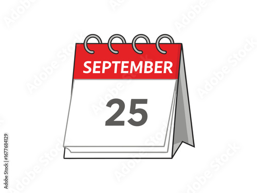 September 25th on a desk calendar with red spiral binding on white background flip calendar