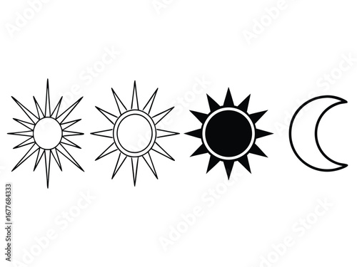 Sun and Moon Icons Line Art and Silhouette on White Background symbol celestial