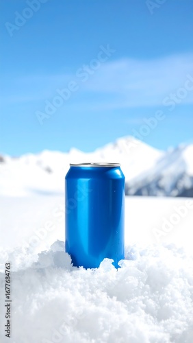 Blue soda can in snow with mountains in background