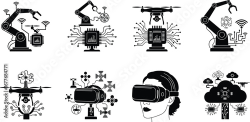 Artificial intelligence, robotics, drone technology, virtual reality, cloud computing, automation, machine learning, IoT, smart manufacturing, immersive tech, innovation, 